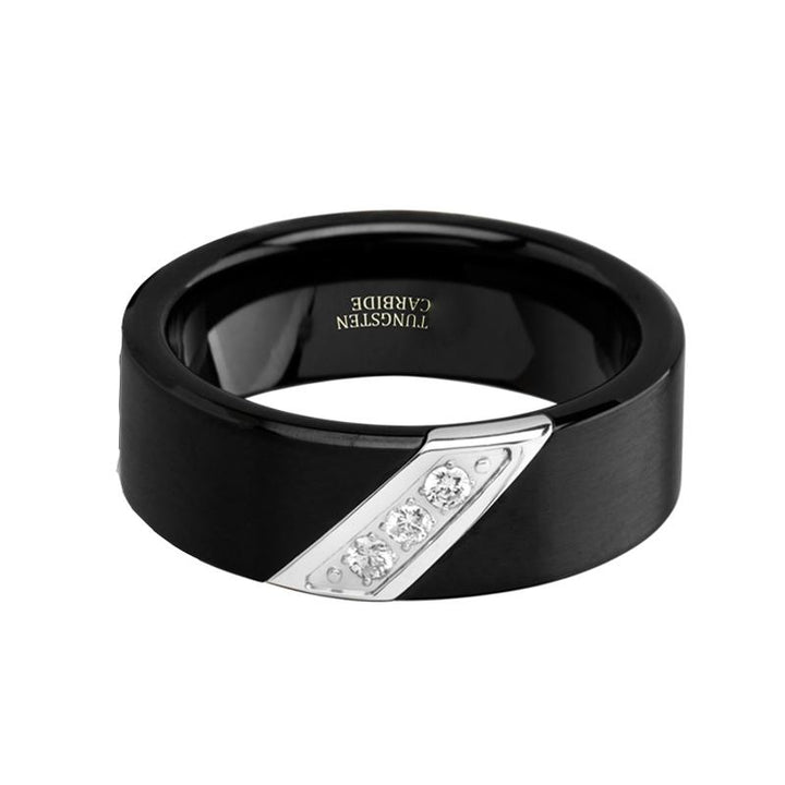 LIAM | Black Tungsten Ring, 3 White Diamond Inlay, Flat - Rings - Aydins Jewelry - 3