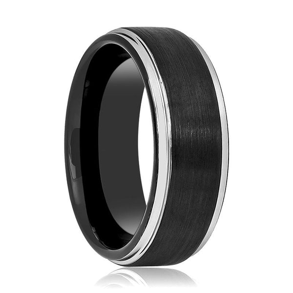 LIGARIUS | Black Tungsten Ring, Silver Stepped Edge - Rings - Aydins Jewelry - 1