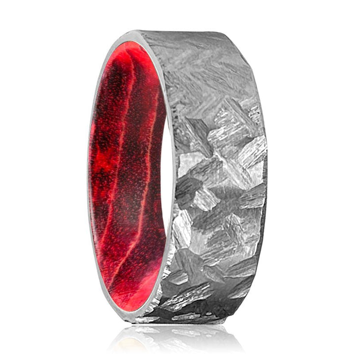 LIGON | Black & Red Wood, Silver Titanium Ring, Hammered, Flat - Rings - Aydins Jewelry - 1