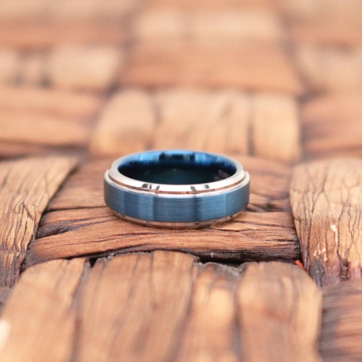 LINARD | Tungsten Ring Blue with Silver Stepped Edges - Rings - Aydins Jewelry