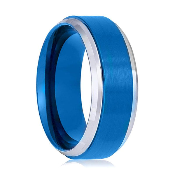 LINARD | Blue Tungsten Ring, Brushed, Silver Stepped Edge - Rings - Aydins Jewelry - 1