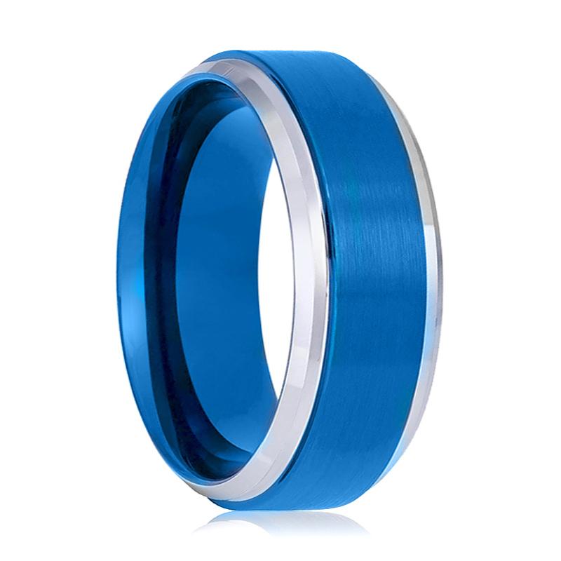 LINARD | Tungsten Ring Blue with Silver Stepped Edges - Rings - Aydins Jewelry