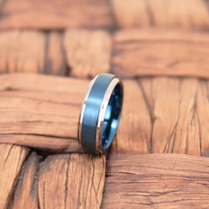 LINARD | Blue Tungsten Ring, Brushed, Silver Stepped Edge - Rings - Aydins Jewelry - 3