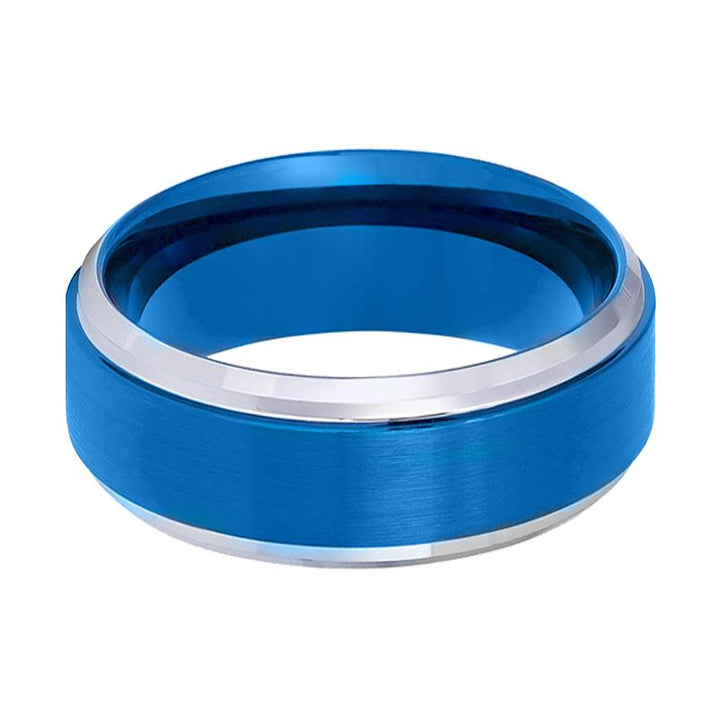 LINARD | Blue Tungsten Ring, Brushed, Silver Stepped Edge - Rings - Aydins Jewelry - 2