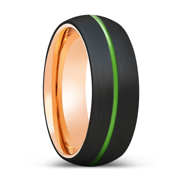 LIONEL | Rose Gold Ring, Black Tungsten Ring, Green Groove, Domed