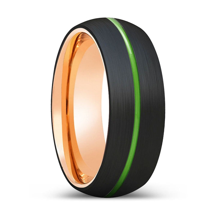LIONEL | Rose Gold Ring, Black Tungsten Ring, Green Groove, Domed - Rings - Aydins Jewelry - 1