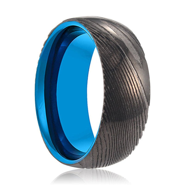 LIVIA | Blue Tungsten Ring, Gunmetal Damascus Steel Ring, Domed