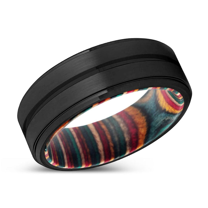 LIVINGSTON | Multi Color Box Wood, Black Tungsten Ring, Grooved, Stepped Edge - Rings - Aydins Jewelry - 2