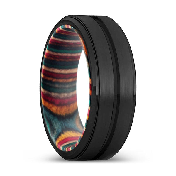 LIVINGSTON | Multi Color Box Wood, Black Tungsten Ring, Grooved, Stepped Edge - Rings - Aydins Jewelry - 1