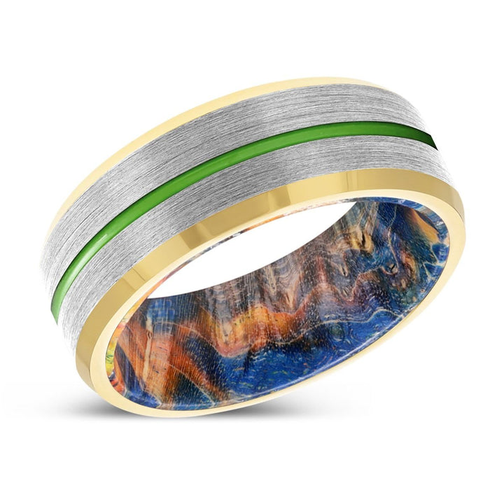 LODICO | Blue & Yellow/Orange Wood, Silver Tungsten Ring, Green Groove, Gold Beveled Edge - Rings - Aydins Jewelry - 2