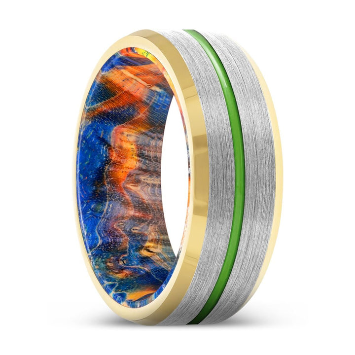 LODICO | Blue & Yellow/Orange Wood, Silver Tungsten Ring, Green Groove, Gold Beveled Edge - Rings - Aydins Jewelry - 1