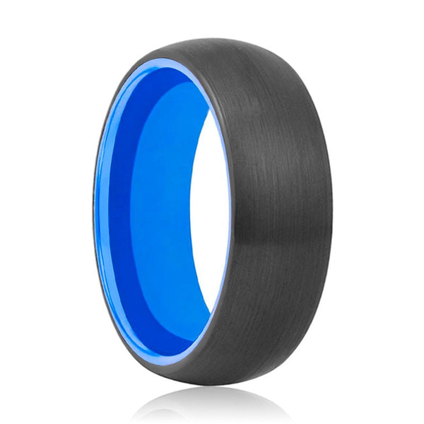 LOTUS | Blue Ring, Black Tungsten Ring, Brushed, Domed - Rings - Aydins Jewelry