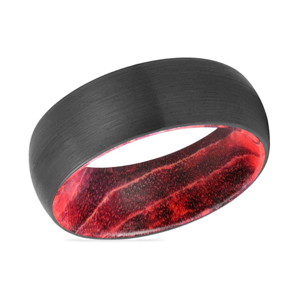 LUCAS | Black & Red Wood, Black Tungsten Ring, Brushed, Domed - Rings - Aydins Jewelry - 2