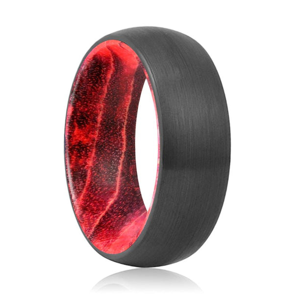 LUCAS | Black & Red Wood, Black Tungsten Ring, Brushed, Domed - Rings - Aydins Jewelry - 1