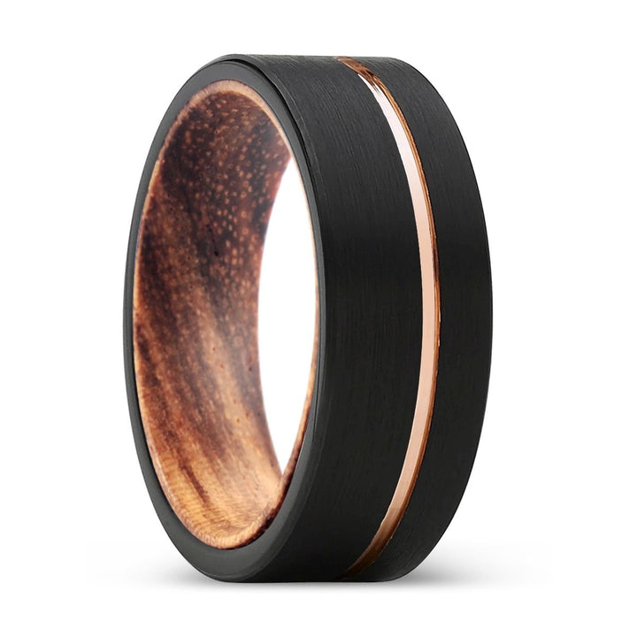 LUCID | Zebra Wood, Black Tungsten Ring, Rose Gold Offset Groove, Brushed, Flat - Rings - Aydins Jewelry - 1