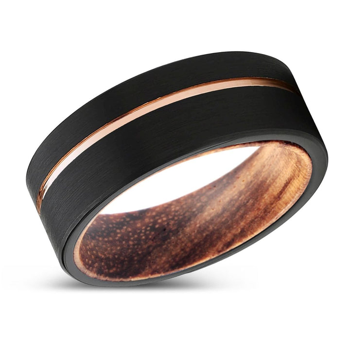 LUCID | Zebra Wood, Black Tungsten Ring, Rose Gold Offset Groove, Brushed, Flat - Rings - Aydins Jewelry - 2