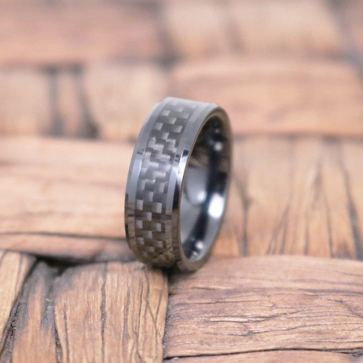 LUCIUS | Black Tungsten Ring, Black Carbon Fiber Inlay, Beveled