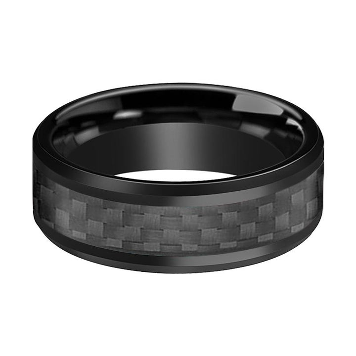 LUCIUS | Black Tungsten Ring, Black Carbon Fiber Inlay, Beveled - Rings - Aydins Jewelry - 2