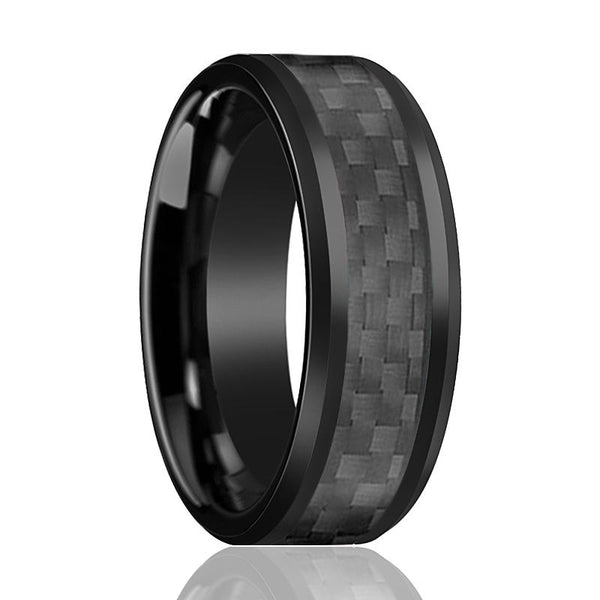 Black Beveled Tungsten Men's Wedding Band with Carbon Fiber Inlay - 6MM - 8MM - Rings - Aydins_Jewelry