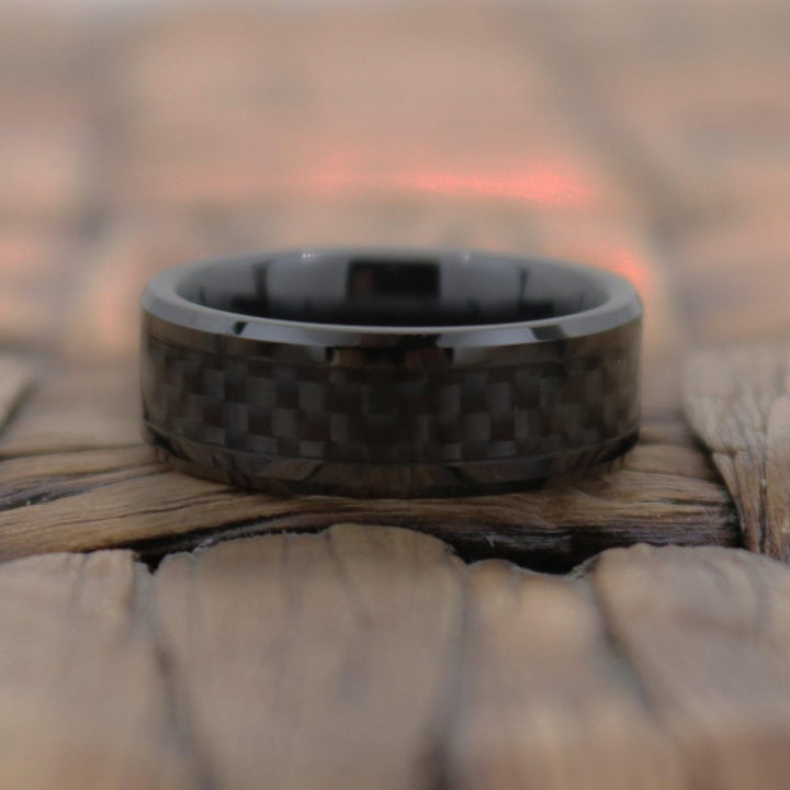 LUCIUS | Black Tungsten Ring, Black Carbon Fiber Inlay, Beveled - Rings - Aydins Jewelry - 4