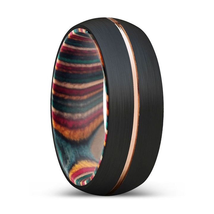 LUDOLF | Multi Color Wood, Black Tungsten Ring, Rose Gold Groove, Domed - Rings - Aydins Jewelry