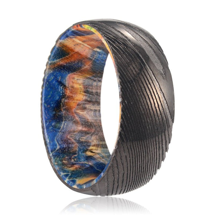 LUKE | Blue & Yellow/Orange Wood, Gunmetal Damascus Steel Ring, Domed - Rings - Aydins Jewelry - 1