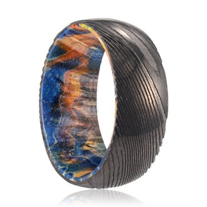 LUKE | Blue & Yellow/Orange Wood, Gunmetal Damascus Steel Ring, Domed - Rings - Aydins Jewelry - 1
