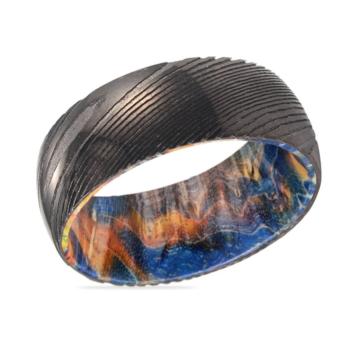 LUKE | Blue & Yellow/Orange Wood, Gunmetal Damascus Steel Ring, Domed - Rings - Aydins Jewelry - 2
