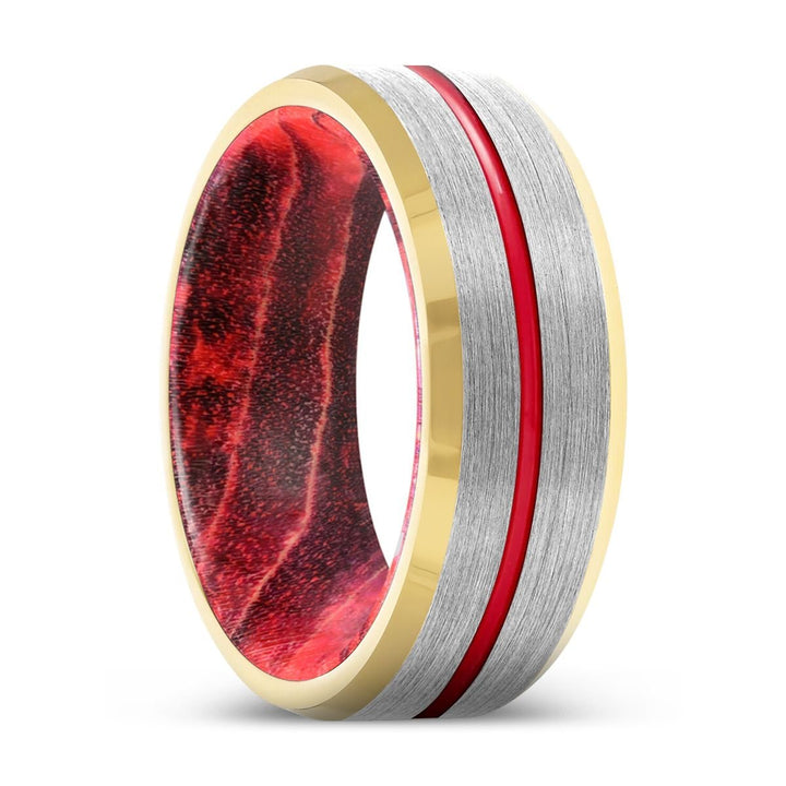 LUMBER | Black & Red Wood, Silver Tungsten Ring, Red Groove, Gold Beveled Edge - Rings - Aydins Jewelry
