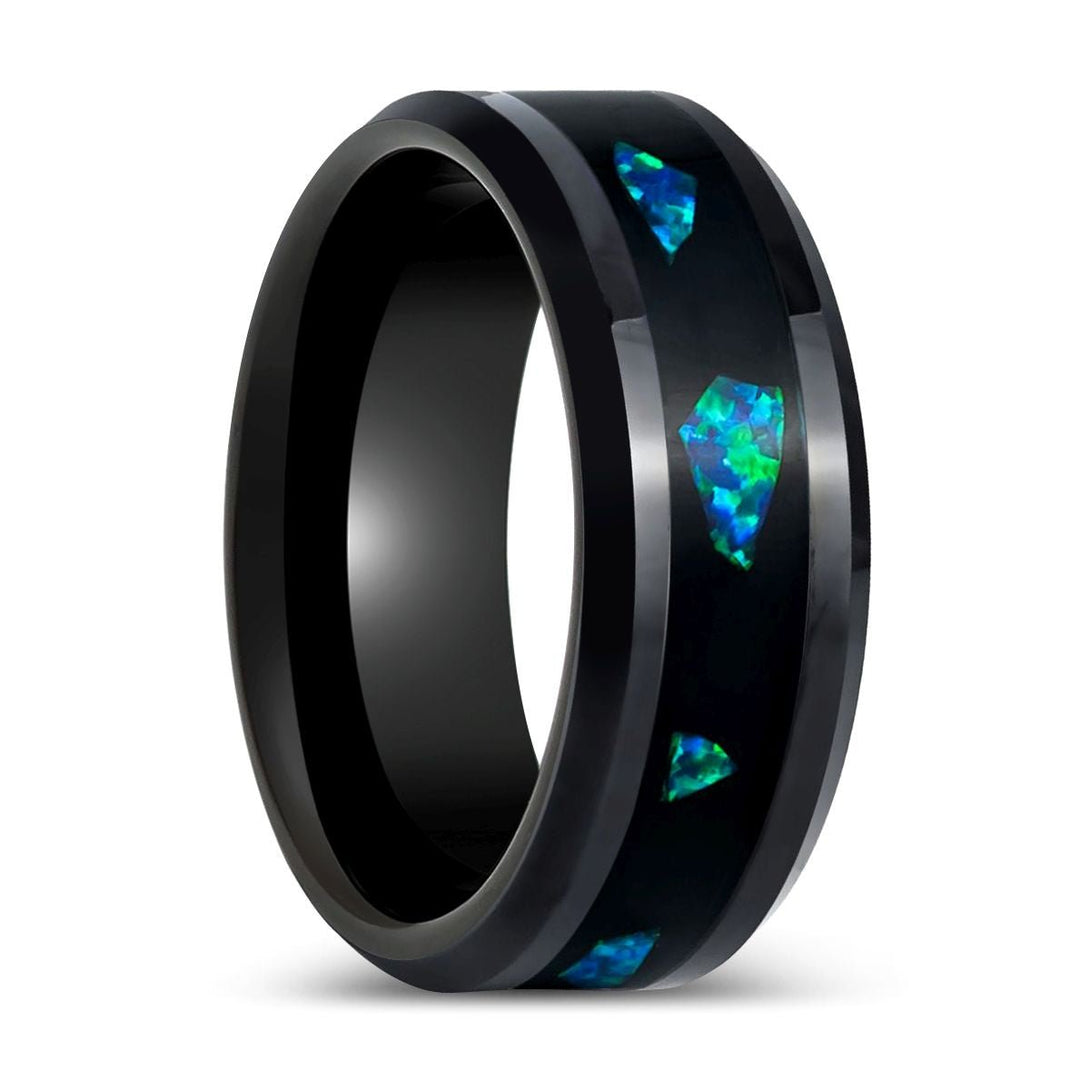 LUMINARIA | Black Tungsten Ring, Abalone Fragments Inlay, Beveled - Rings - Aydins Jewelry - 1