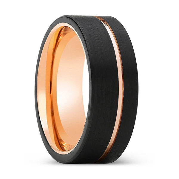 LUMINOUS | Rose Gold Ring, Black Tungsten Ring, Rose Gold Offset Groove, Brushed, Flat - Rings - Aydins Jewelry