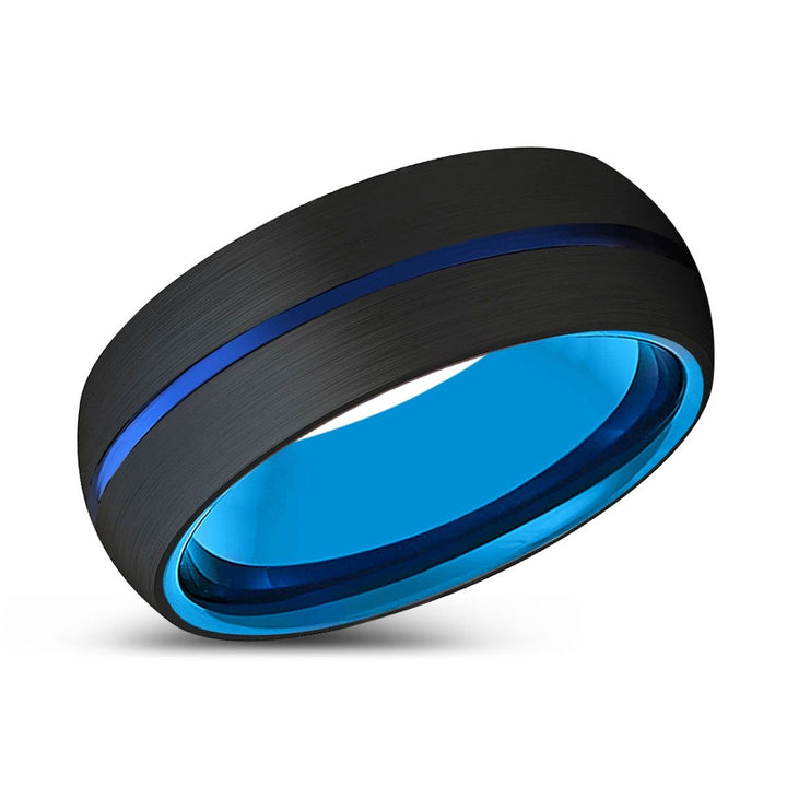 LUNA | Blue Tungsten Ring, Black Tungsten Ring, Blue Groove, Domed - Rings - Aydins Jewelry - 2