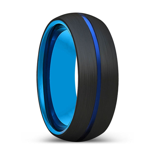 LUNA | Blue Tungsten Ring, Black Tungsten Ring, Blue Groove, Domed - Rings - Aydins Jewelry