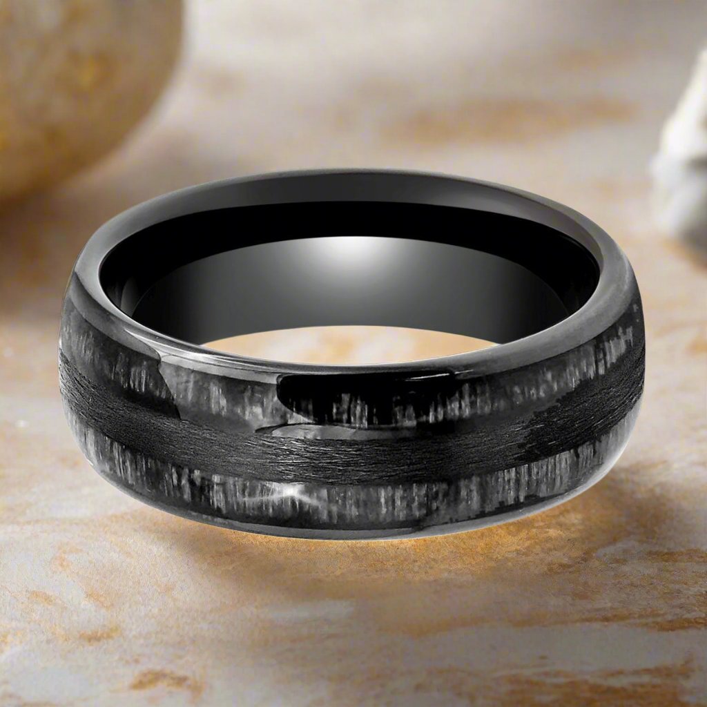 LUQUE | Black Tungsten Ring, Charcoal Wood Inlay, Domed - Rings - Aydins Jewelry - 1