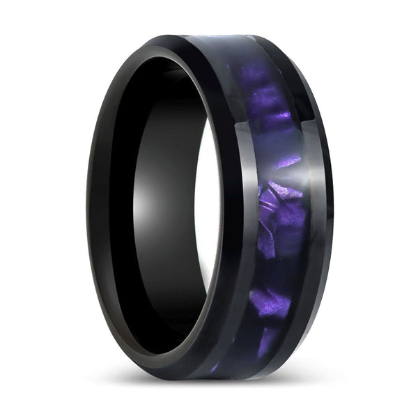 LUSTERS | Black Tungsten Ring with Purple Tiger Cowrie Inlay