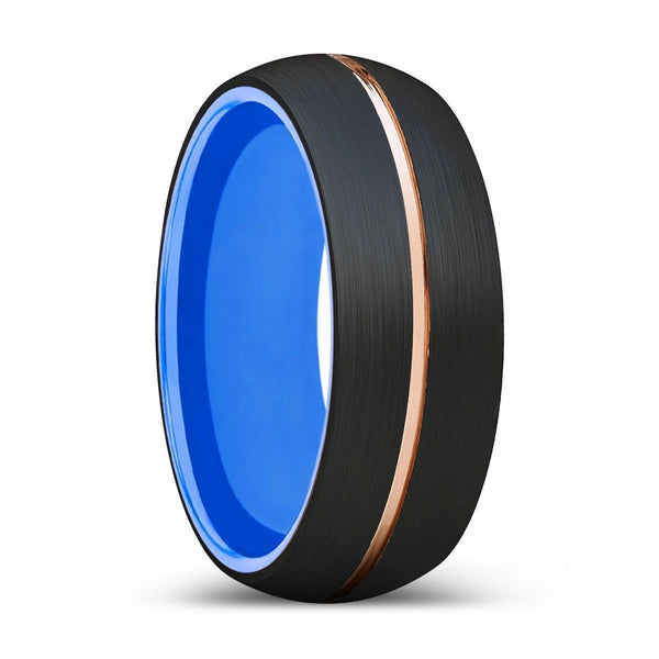 LYCAN | Blue Ring, Black Tungsten Ring, Rose Gold Groove, Domed