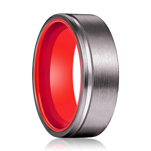 LYCHEE | Red Ring, Gunmetal Tungsten Ring, Offset Groove, Flat