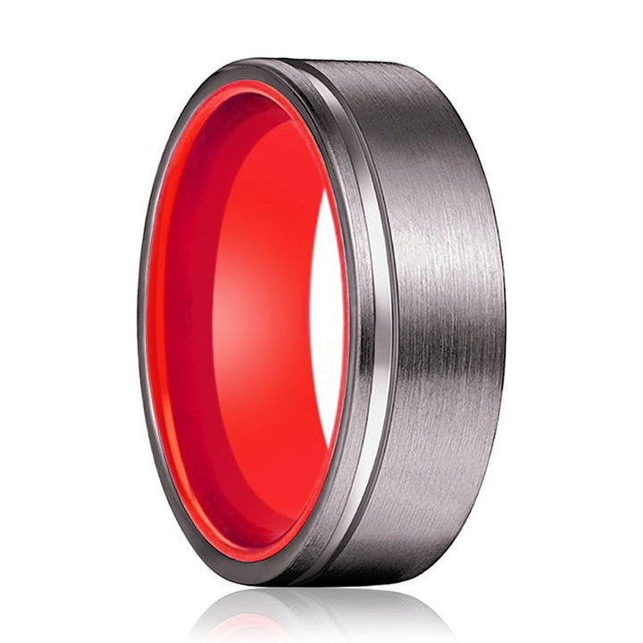 LYCHEE | Red Ring, Gunmetal Tungsten Ring, Offset Groove, Flat - Rings - Aydins Jewelry - 1