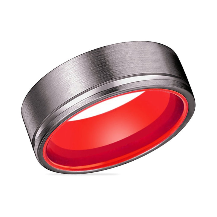 LYCHEE | Red Ring, Gunmetal Tungsten Ring, Offset Groove, Flat - Rings - Aydins Jewelry - 2