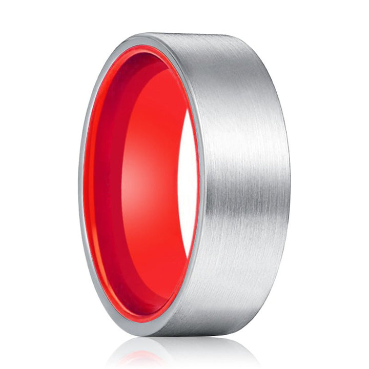 MACAU | Red Ring, Silver Tungsten Ring, Brushed, Flat - Rings - Aydins Jewelry - 1