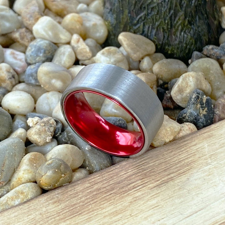 MACAU | Red Ring, Silver Tungsten Ring, Brushed, Flat - Rings - Aydins Jewelry - 5
