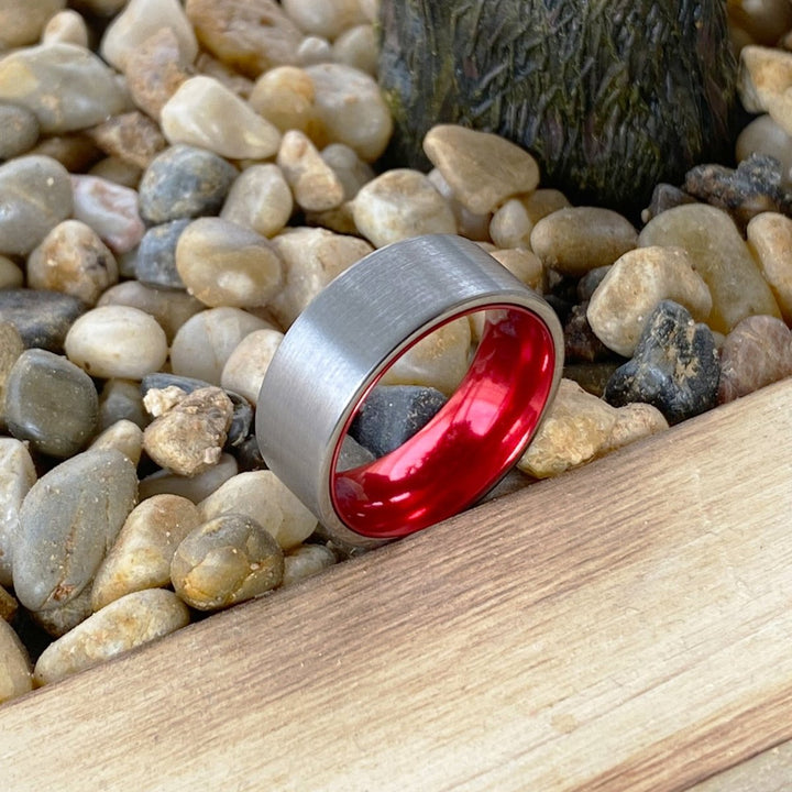 MACAU | Red Ring, Silver Tungsten Ring, Brushed, Flat - Rings - Aydins Jewelry - 6