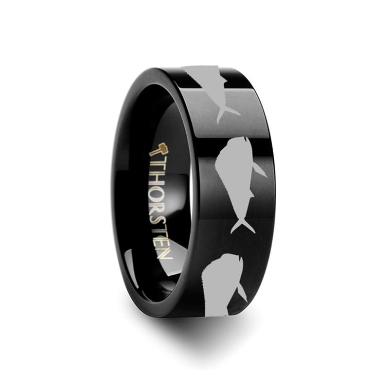 Mahi Fish Jumping Sea Pattern Print Laser Engraved Flat Tungsten Couple Matching Ring - 4MM - 12MM - Rings - Aydins Jewelry - 2