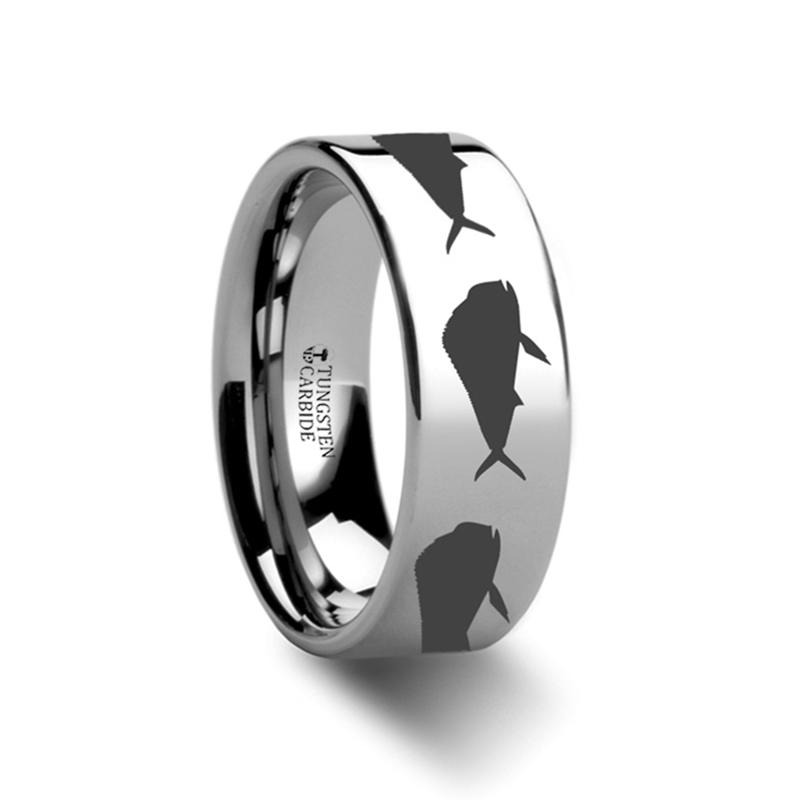 Mahi Fish Jumping Sea Pattern Print Laser Engraved Flat Tungsten Couple Matching Ring - 4MM - 12MM - Rings - Aydins Jewelry - 1