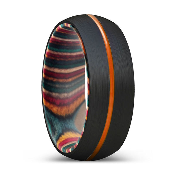 MAJESTIC | Multi Color Wood, Black Tungsten Ring, Orange Groove, Domed - Rings - Aydins Jewelry - 1