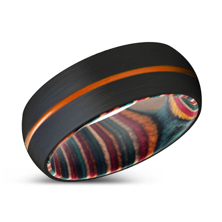 MAJESTIC | Multi Color Wood, Black Tungsten Ring, Orange Groove, Domed - Rings - Aydins Jewelry - 2
