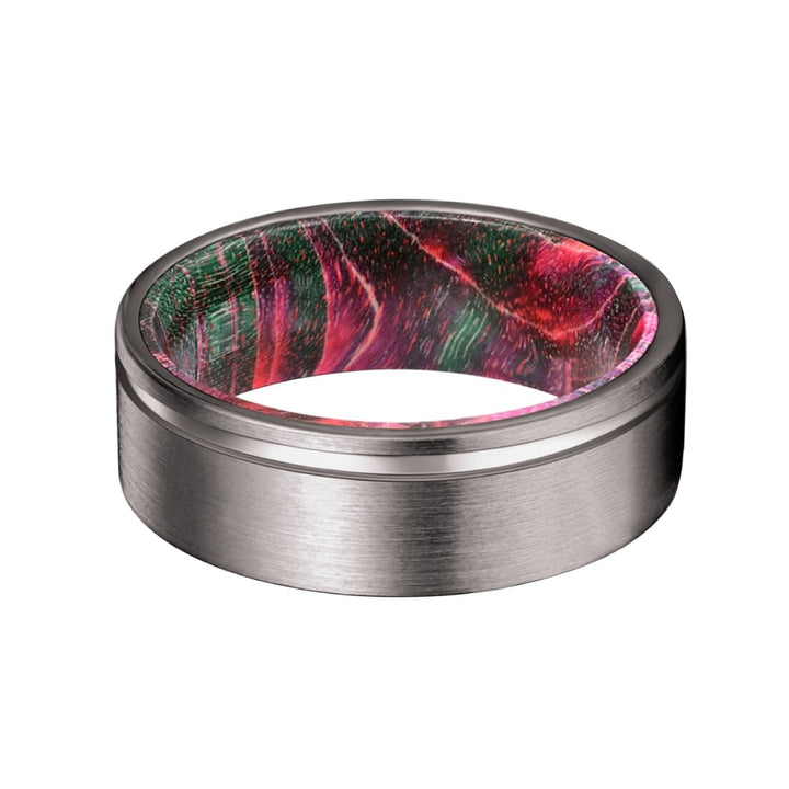 MAJESTY | Green and Red Wood, Gunmetal Tungsten Offset Groove - Rings - Aydins Jewelry - 3