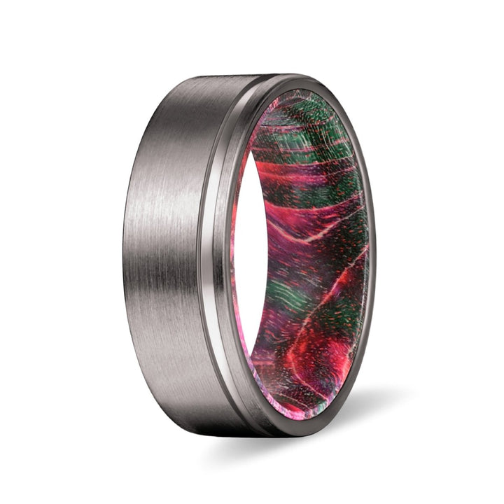 MAJESTY | Green and Red Wood, Gunmetal Tungsten Offset Groove - Rings - Aydins Jewelry