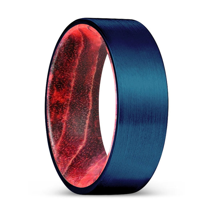 MAJOR | Black & Red Wood, Blue Tungsten Ring, Brushed, Flat - Rings - Aydins Jewelry