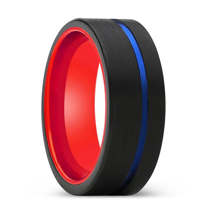 MALDITO | Red Ring, Black Tungsten Ring, Blue Offset Groove, Flat - Rings - Aydins Jewelry - 1